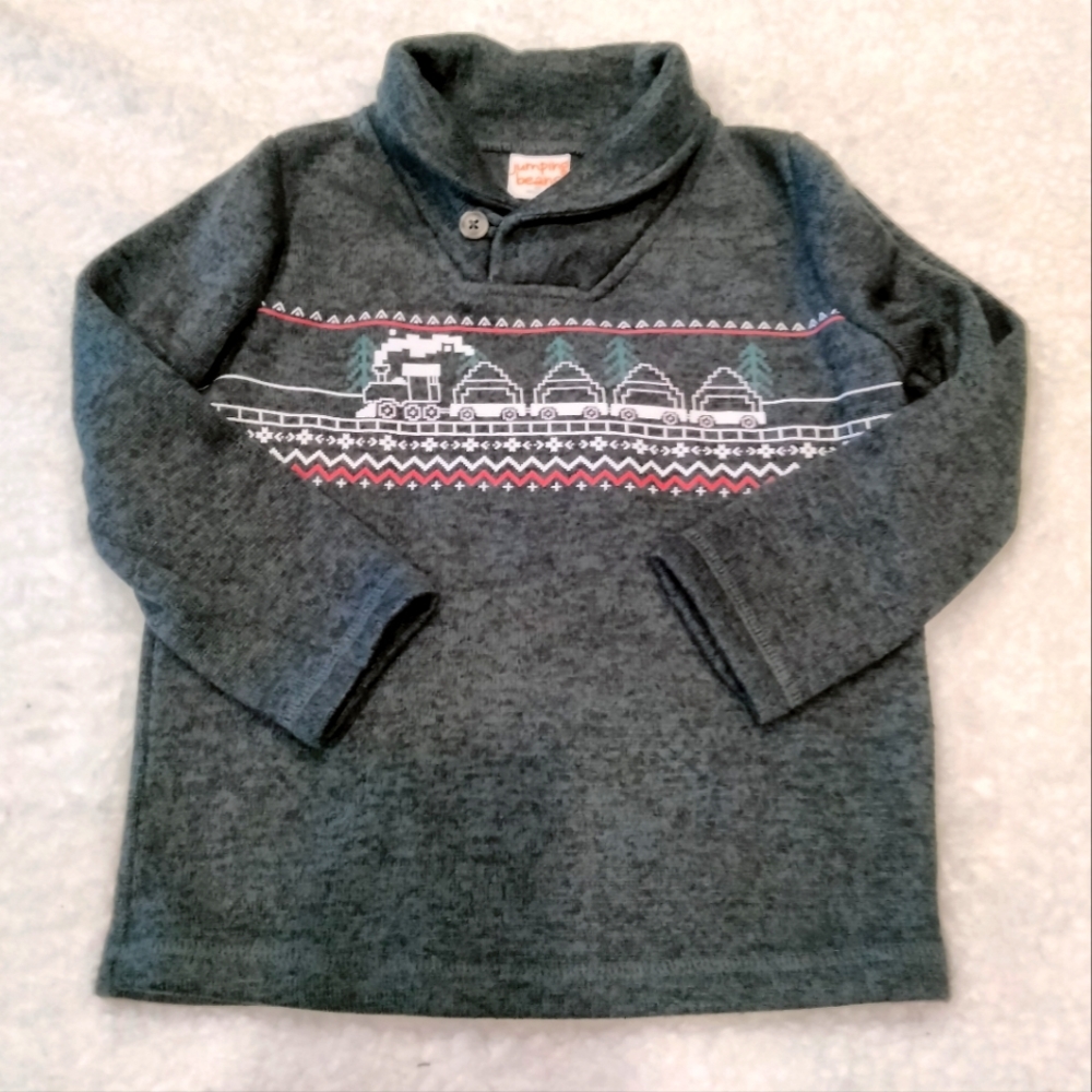 Jumping Beans gray toddler cowl neck fleece sweater Christmas train